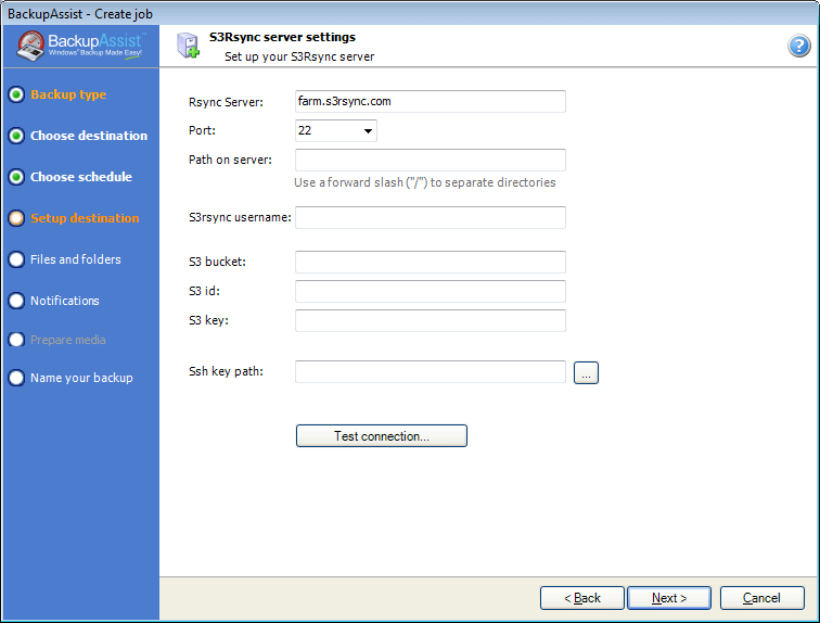 S3Rsync server settings screen