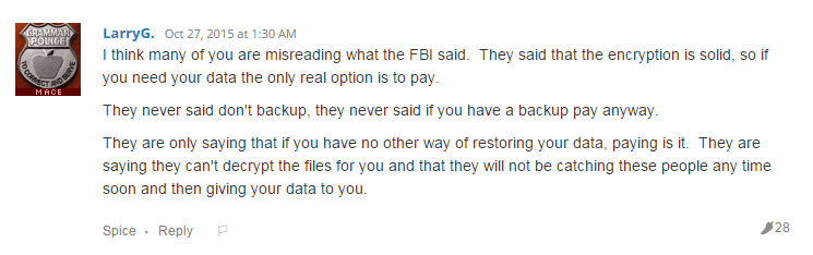 A Spiceworks user's take on FBI's ransomware advice
